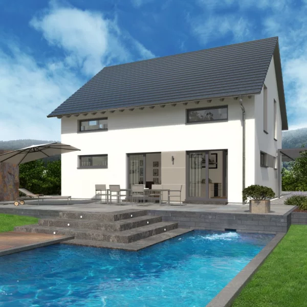 Diese tolle Haus-Optik mit dem genialen Grundriss ! Mit einem Grundstück berechnet !