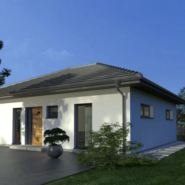 Vom Flur zeigt der Bungalow mit Walmdach den Weg zum Erker im Garten